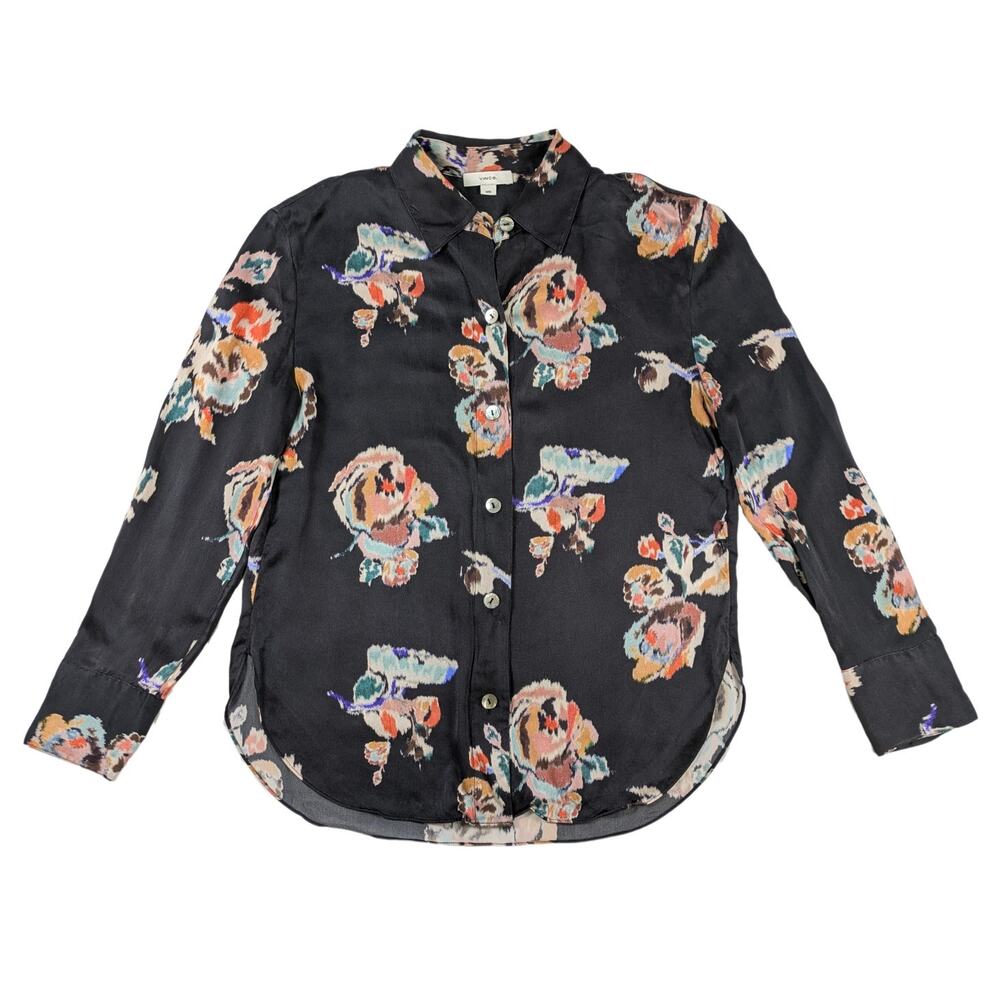 Vince Women's Ikat Black Floral Print Silk Blouse Size Medium